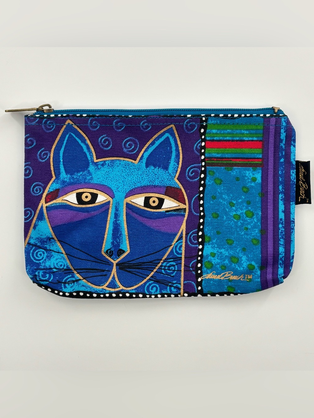 Laurel Burch Canvas Zipper Pouch Cat Blue Purple Makeup Bag Cosmetics Travel
